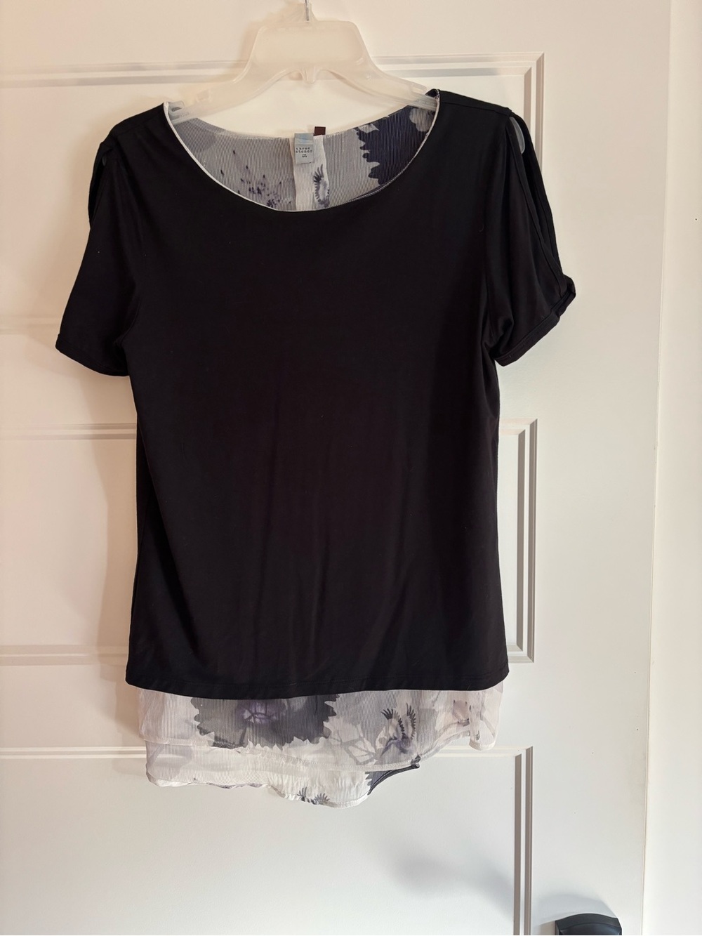TSE Black Short-Sleeve Layered Top with Sheer Floral Hem